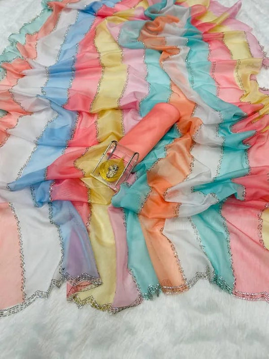 Multicolor Soft Organza Silk Designer Saree